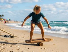 Surfer practicing balance on a wooden board on a sunny Florida beach.