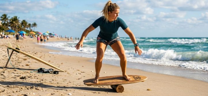 Surfer practicing balance on a wooden board on a sunny Florida beach.