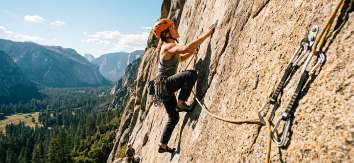 Climber ascending a rock wall using a reliable dynamic climbing rope outdoors.