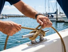 Coiled blue marine anchor rope on a boat deck