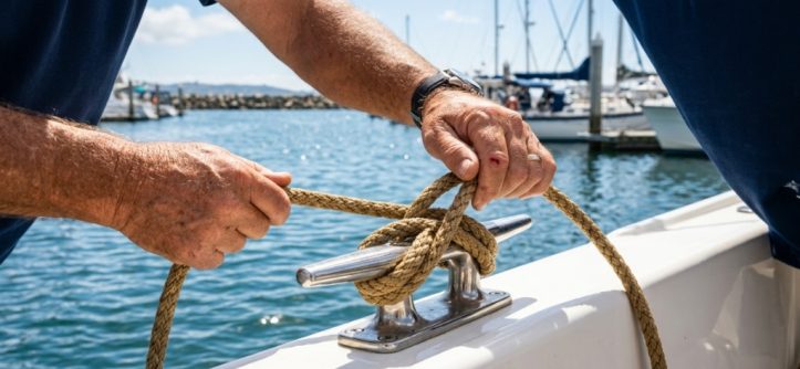 Coiled blue marine anchor rope on a boat deck