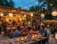 Backyard patio in Texas illuminated by affordable warm string lights.