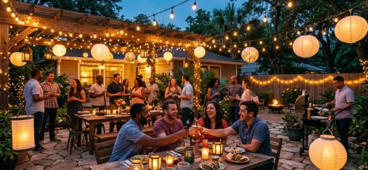 Backyard patio in Texas illuminated by affordable warm string lights.