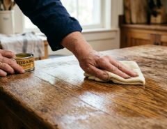 Homeowner applying oil to restore shine to a California kitchen wood countertop.