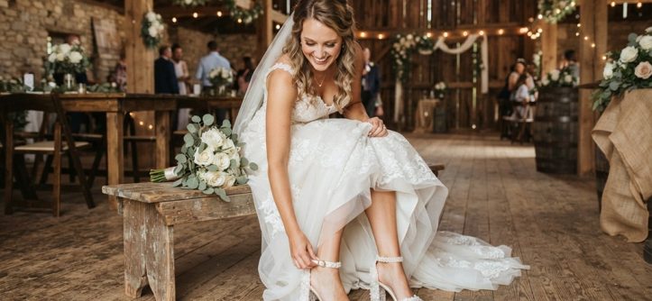 Texas bride sitting in a rustic venue smiling while trying on comfortable block heels.