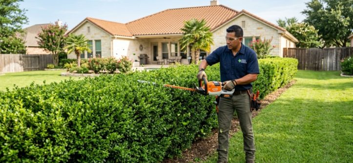 Gardener trimming thick hedges in a bright Texas backyard with a cordless tool.