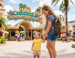 Parent wearing a diaper backpack during a sunny Florida outdoor outing.