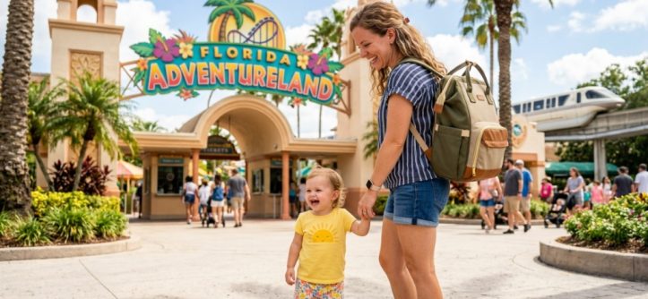 Parent wearing a diaper backpack during a sunny Florida outdoor outing.
