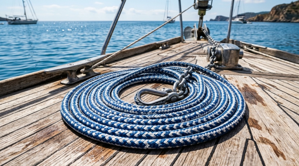 Hands tying marine anchor rope to a boat cleat