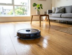 Sleek robot vacuum mopping a modern hardwood living room floor.