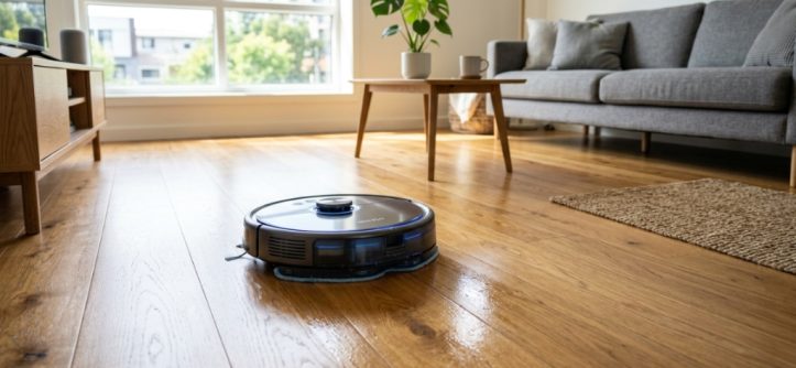 Sleek robot vacuum mopping a modern hardwood living room floor.