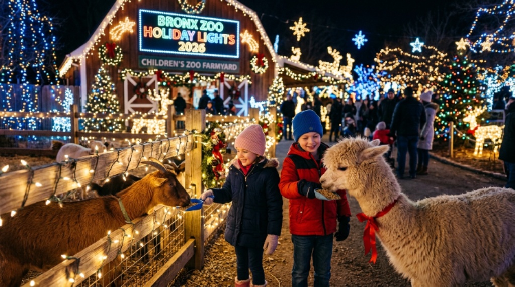 Children feeding goats and alpacas at the Bronx Zoo Children's Zoo Farmyard during Holiday Lights 2026
