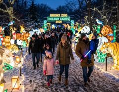 Families walking through glowing lantern trails at Bronx Zoo Holiday Lights 2026 on a winter evening