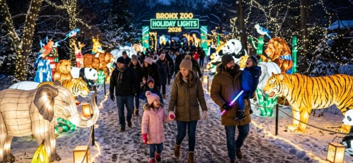 Families walking through glowing lantern trails at Bronx Zoo Holiday Lights 2026 on a winter evening