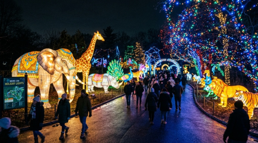 Illuminated animal lanterns and colorful light displays along a pathway at the Bronx Zoo during the Holiday Lights festival