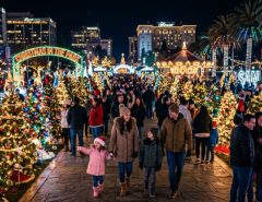 Families walking through hundreds of decorated Christmas trees and glowing animated displays at Plaza de Cesar Chavez during Christmas in the Park San Jose 2026 at night
