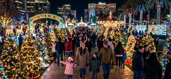 Families walking through hundreds of decorated Christmas trees and glowing animated displays at Plaza de Cesar Chavez during Christmas in the Park San Jose 2026 at night