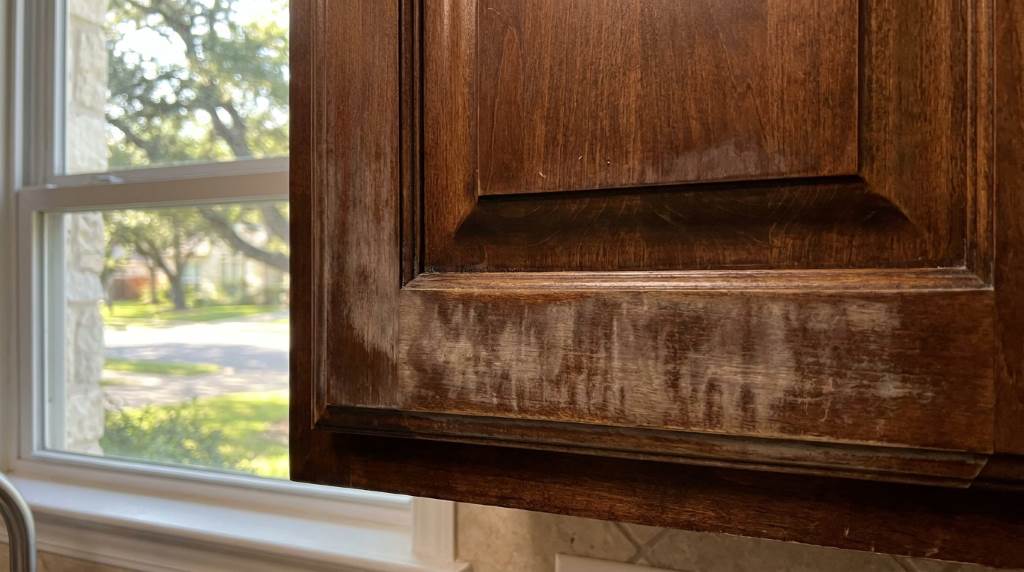 Cleaning muddy cabinet doors with microfiber cloth