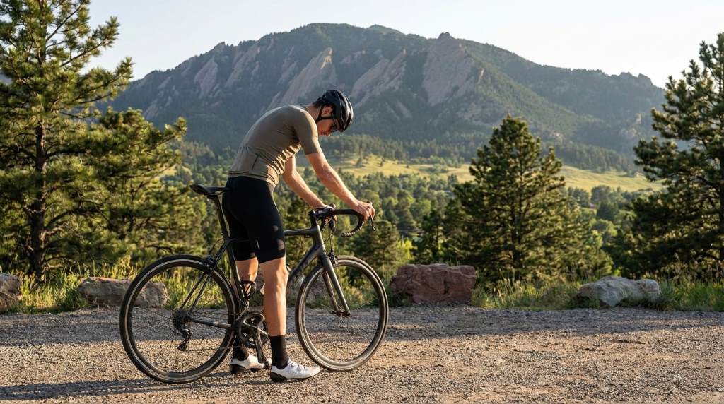 Cyclist maintaining comfortable cadence on steep climb