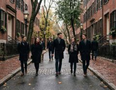Wealthy prep school students walking past historic Boston brick buildings