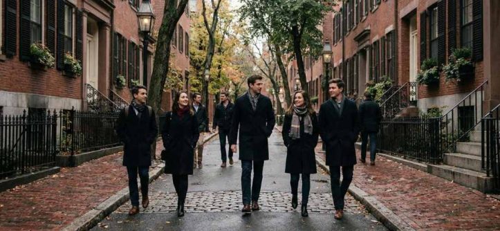 Wealthy prep school students walking past historic Boston brick buildings