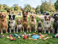 Diverse dog breeds sitting on grass surrounded by dynamic chew and fetch toys.