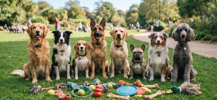 Diverse dog breeds sitting on grass surrounded by dynamic chew and fetch toys.